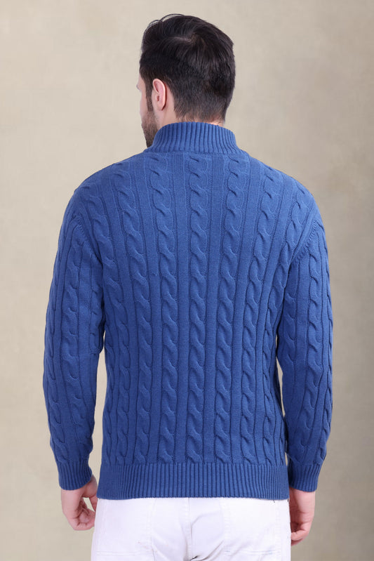 Men’s Blue Cable Knit Half Zip Sweater