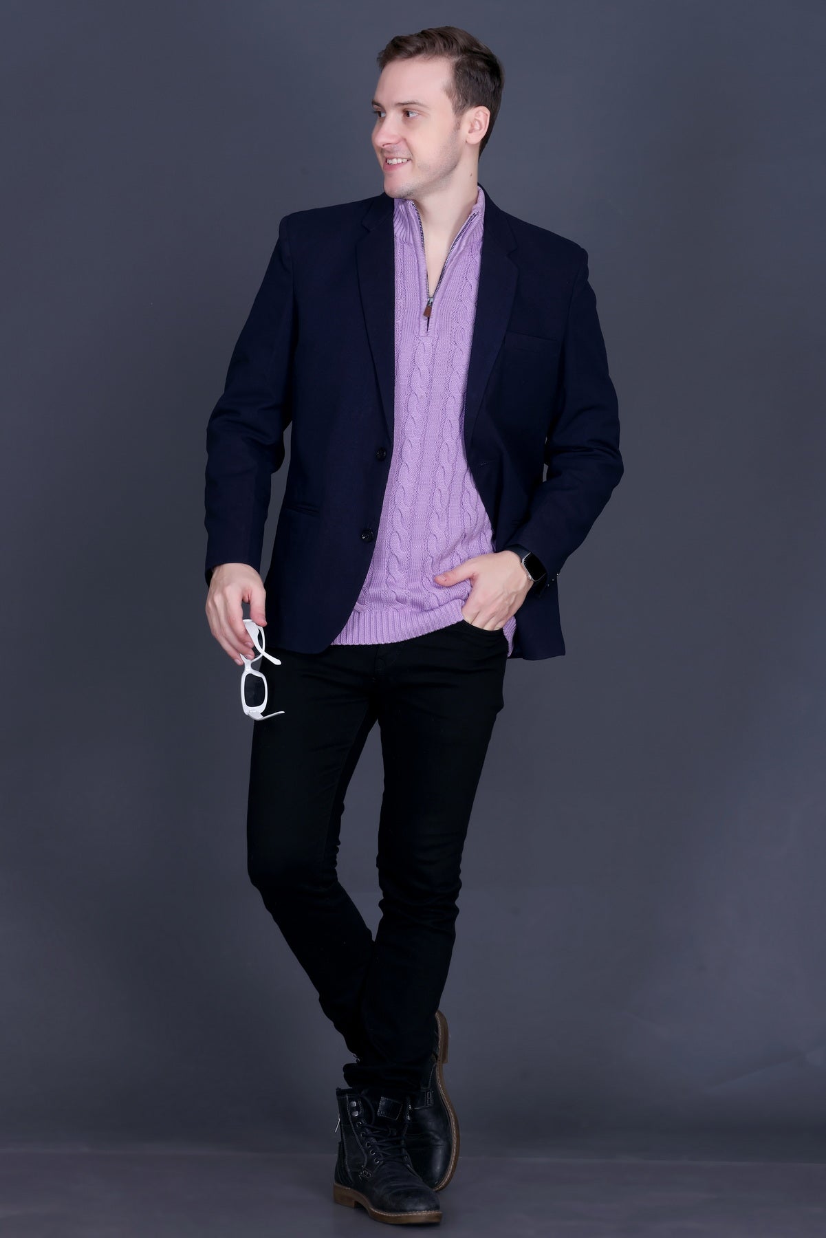 Men Self Design Collared Neck Lavender Sweater