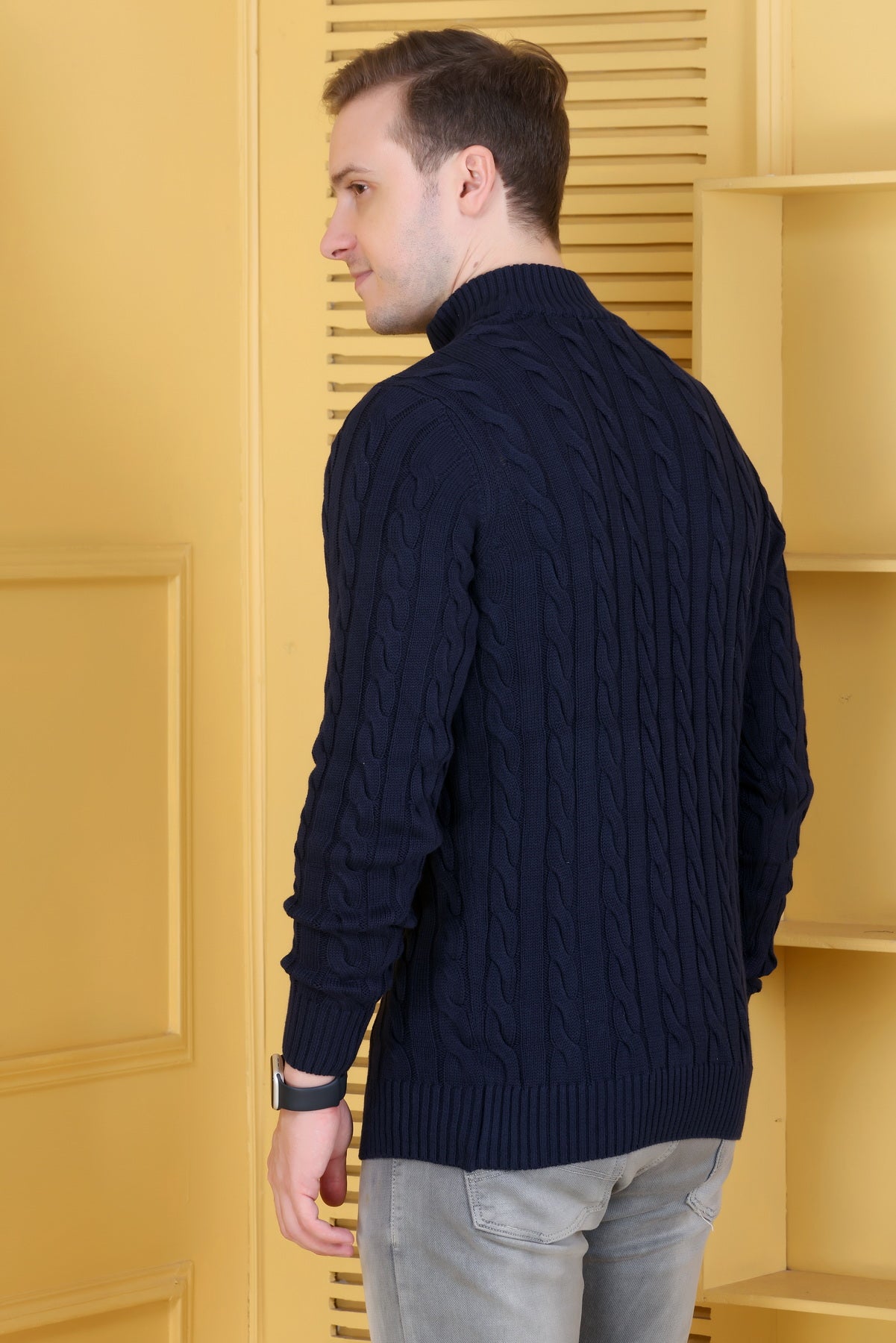 Men’s Self-Design Collared Neck Navy Sweater