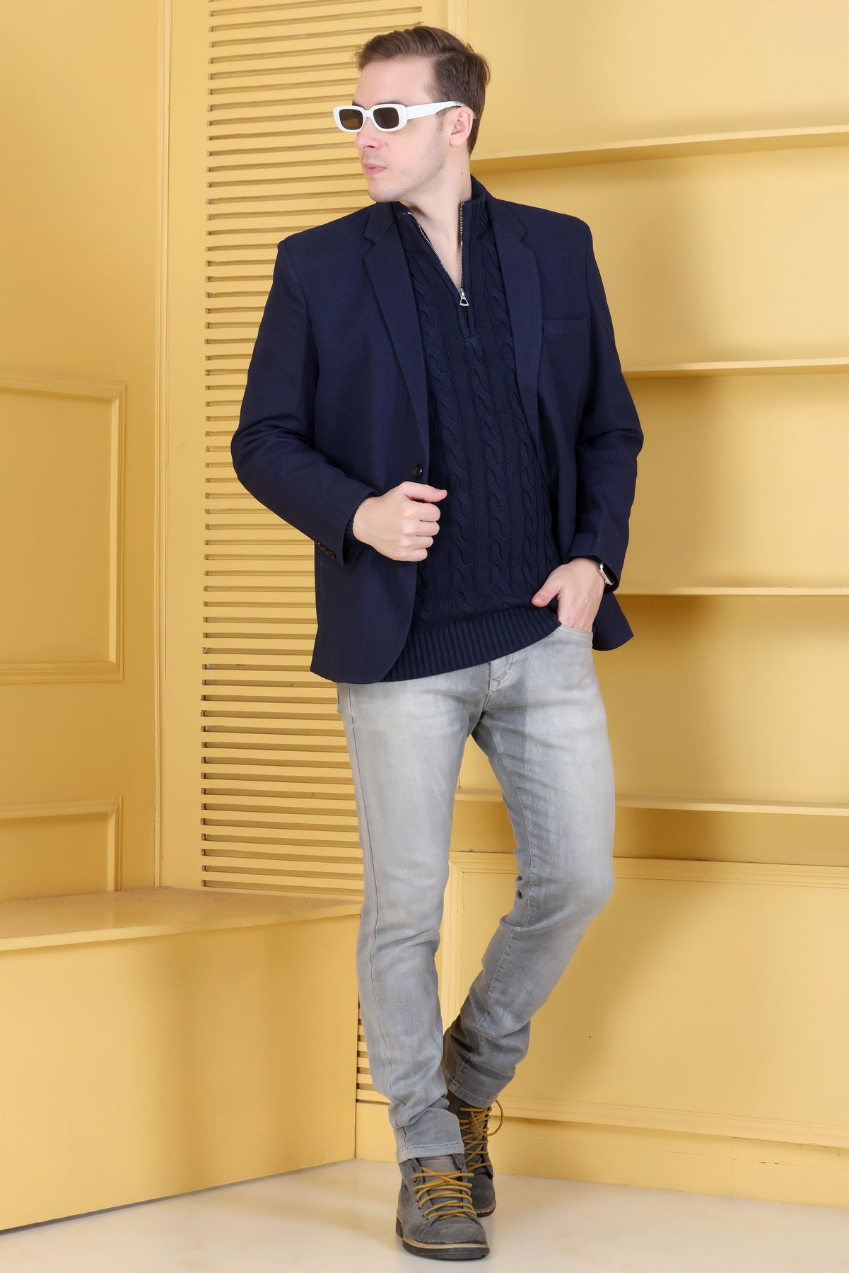 Men’s Self-Design Collared Neck Navy Sweater