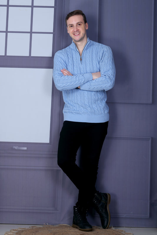 Men’s Self-Design Collared Sky Blue Sweater | Premium Winter Wear for Men