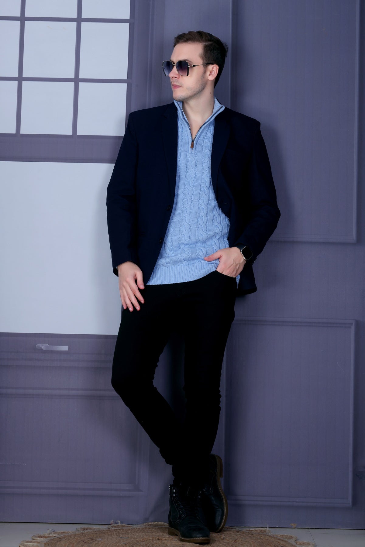 Men’s Self-Design Collared Sky Blue Sweater | Premium Winter Wear for Men