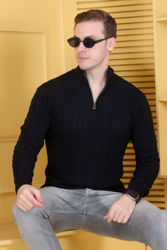 Men Solid Collared Neck Black Sweater