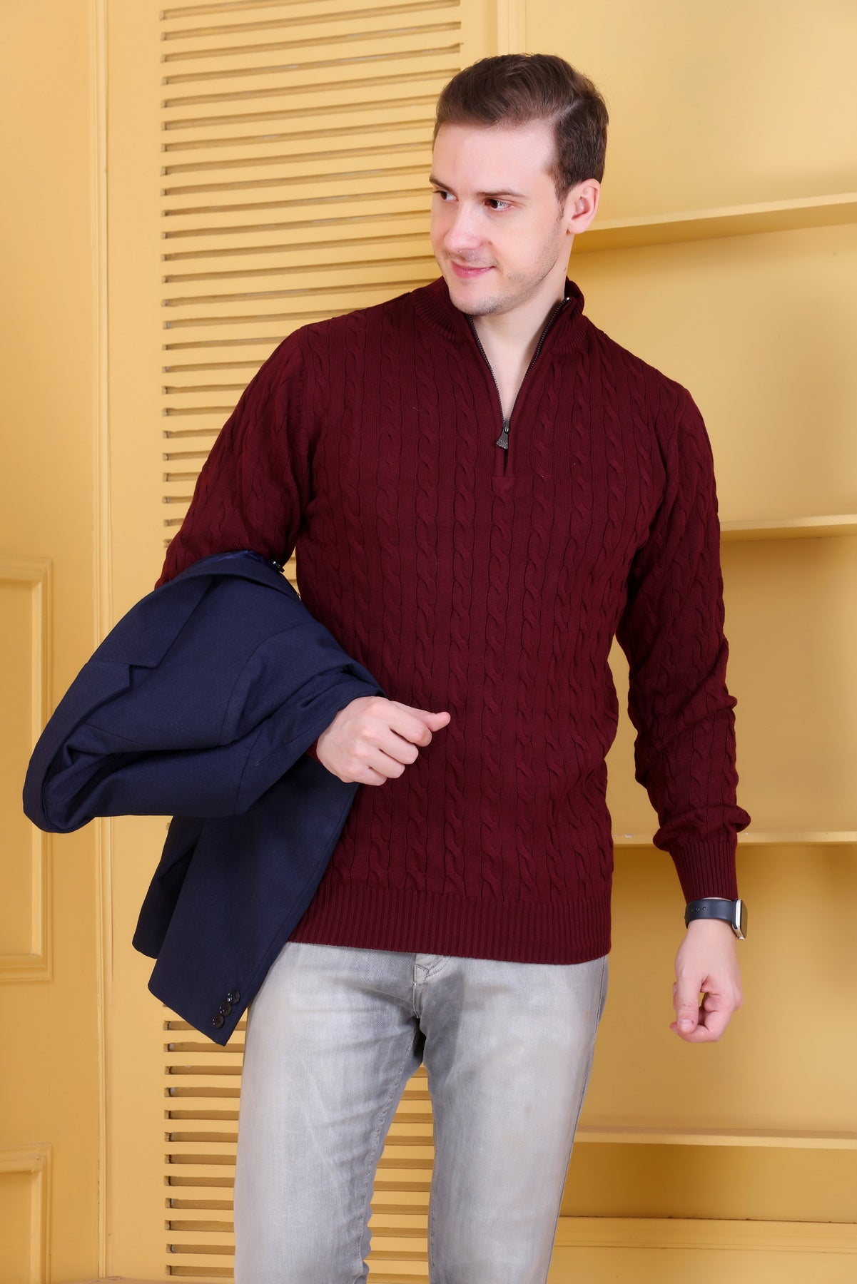 Men Solid Collared Neck Maroon Sweater