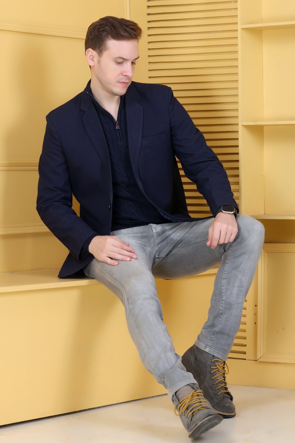 Men Solid Collared Neck Navy Sweater