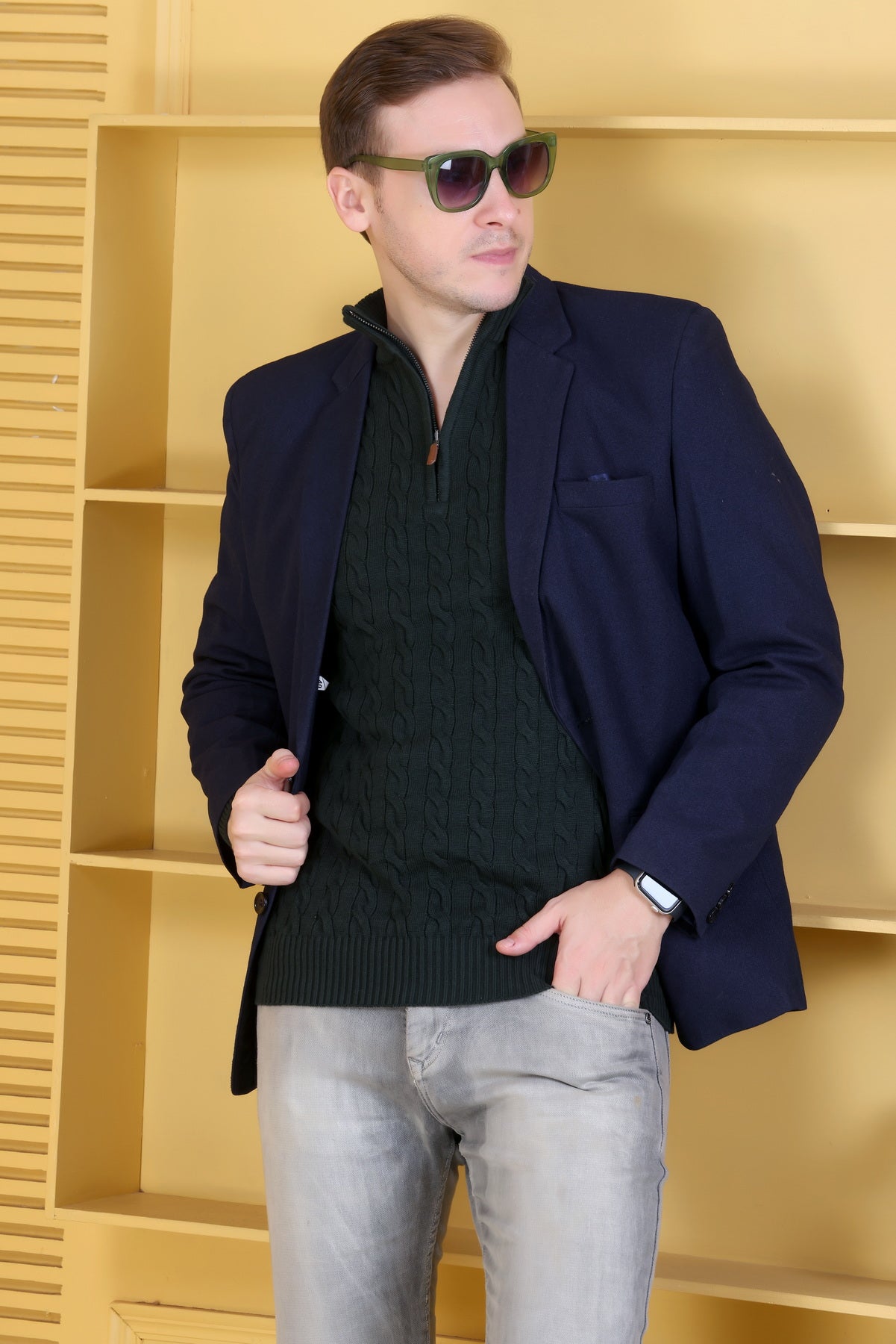 Men Solid Collared Neck Olive Sweater