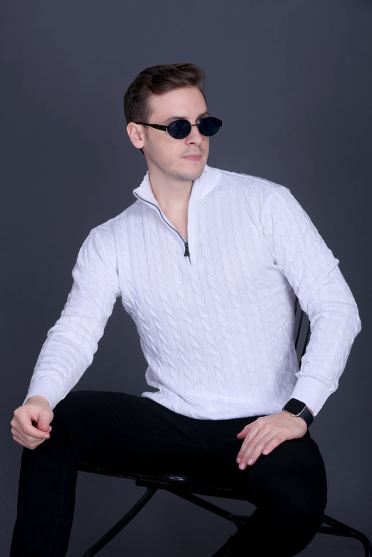 Men Solid Collared Neck White Sweater