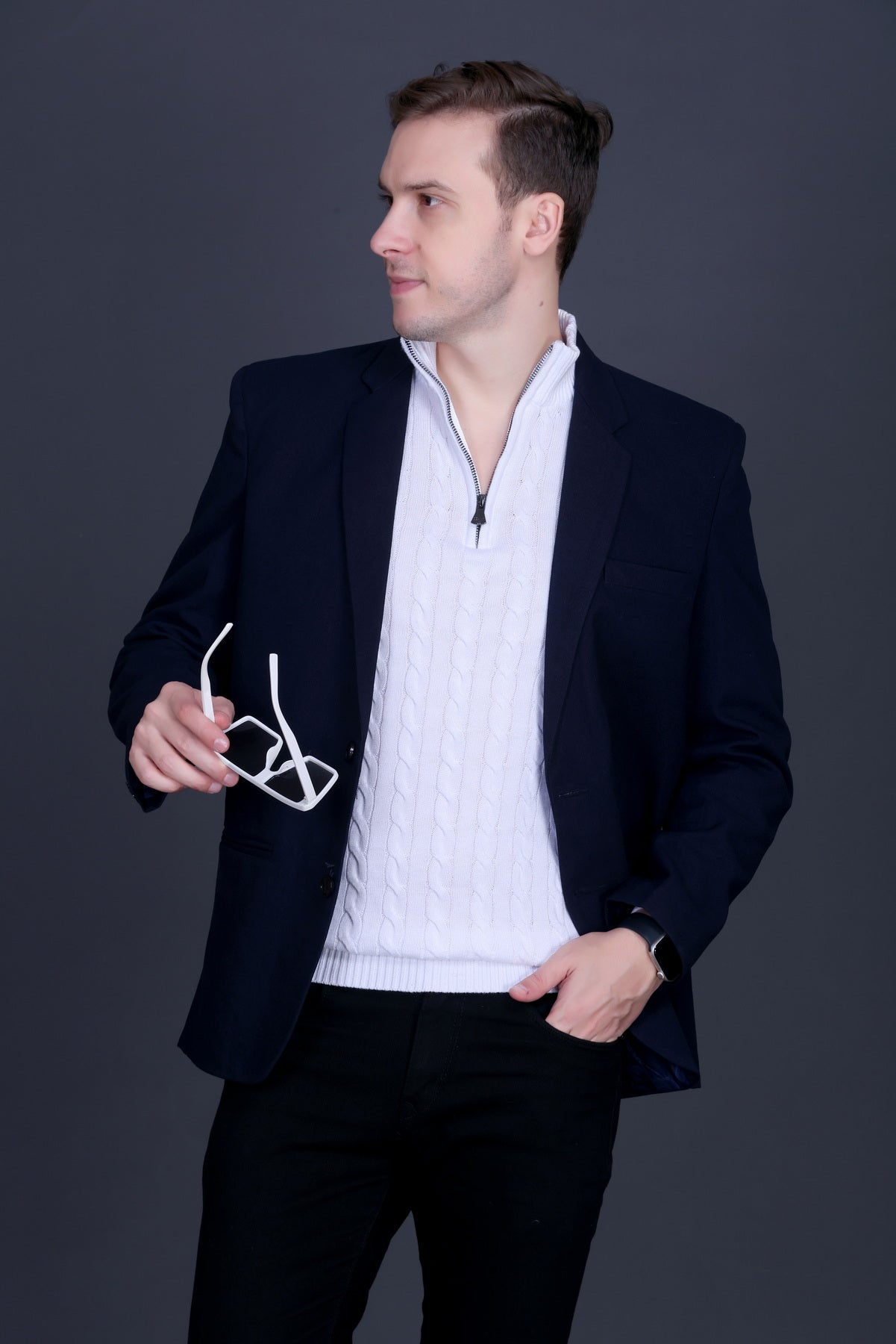 Men Solid Collared Neck White Sweater