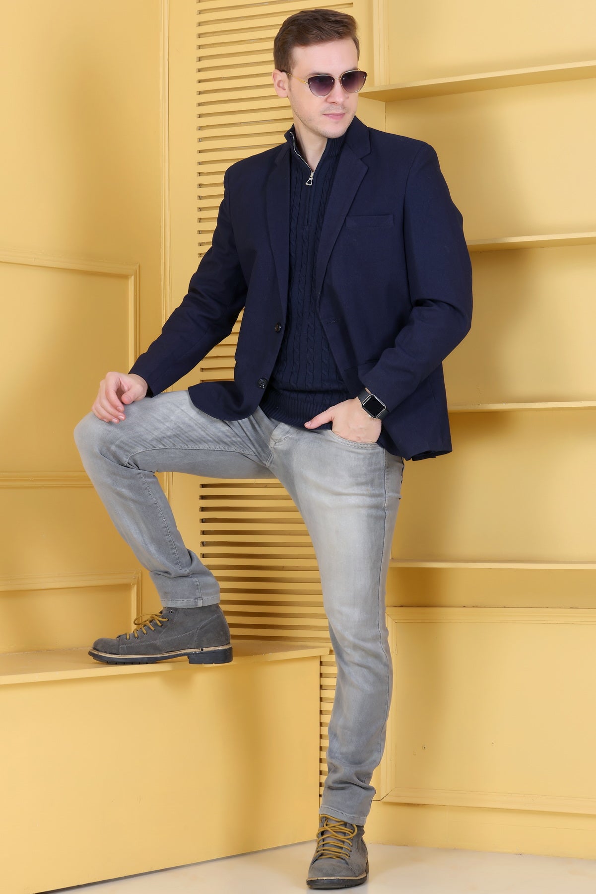 Men Solid, Self Design Turtle Neck Navy Sweater