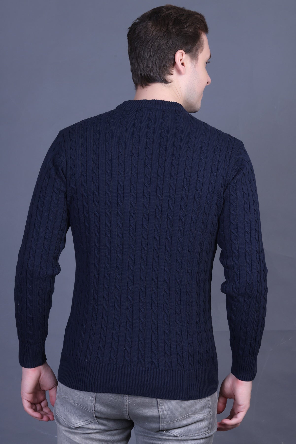 Men Solid Round Neck Navy Sweater