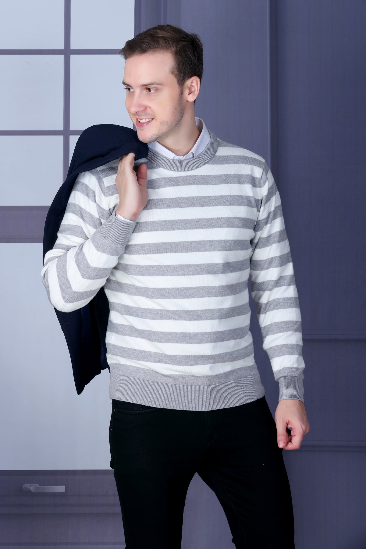 Men Striped Round Neck Grey Sweater