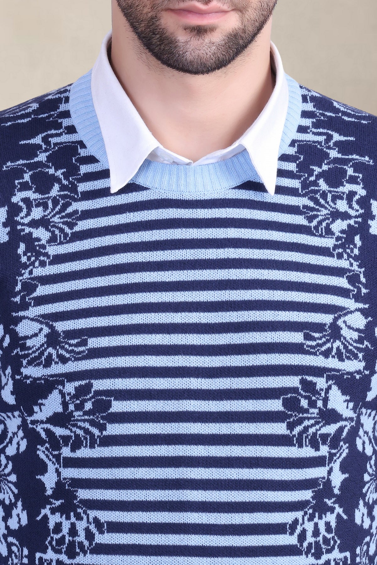 Men’s Sky & White Floral Striped Woolen Sweater