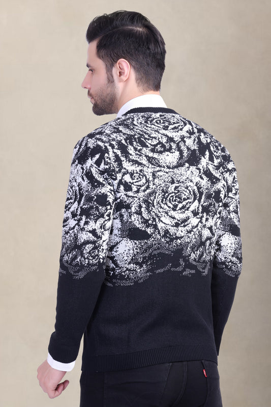 Black & White Rose Jacquard Men’s Sweater