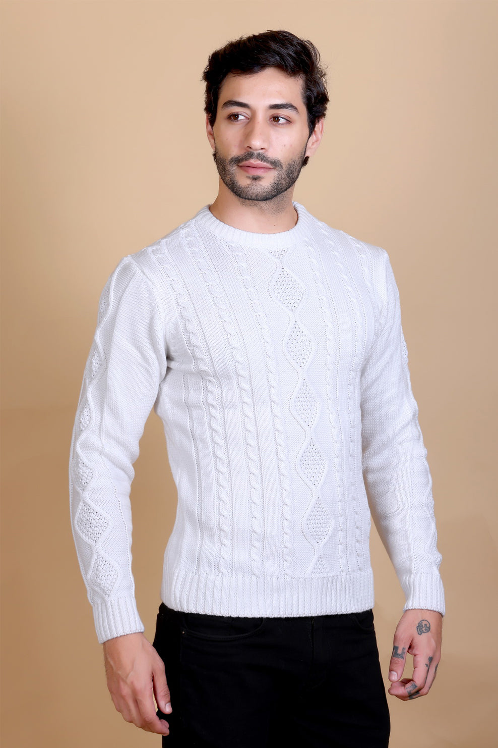 Men's Sweaters Winter wear Branded Round Neck Full Sleeve Woolen Knitted Pullover White