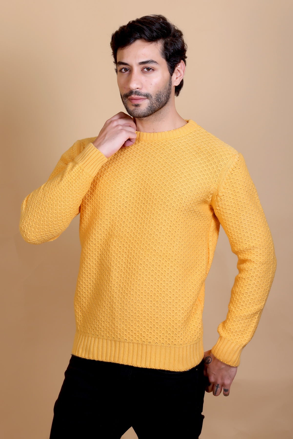 Men Yellow Round Neck Sweater