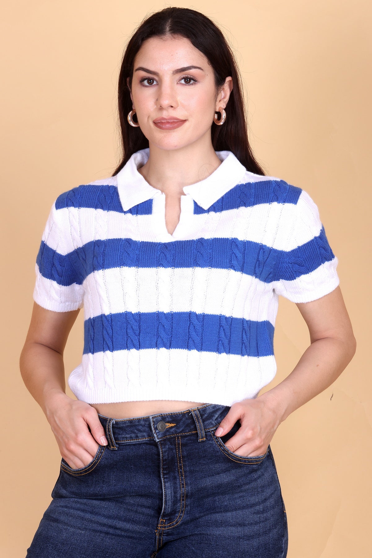 women’s blue and white striped knit polo crop top
