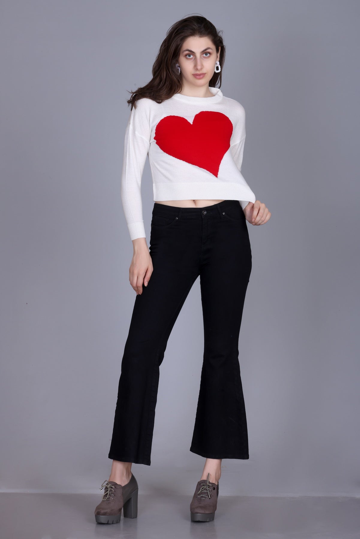 Women’s White Knit Crop Sweater with Red Heart