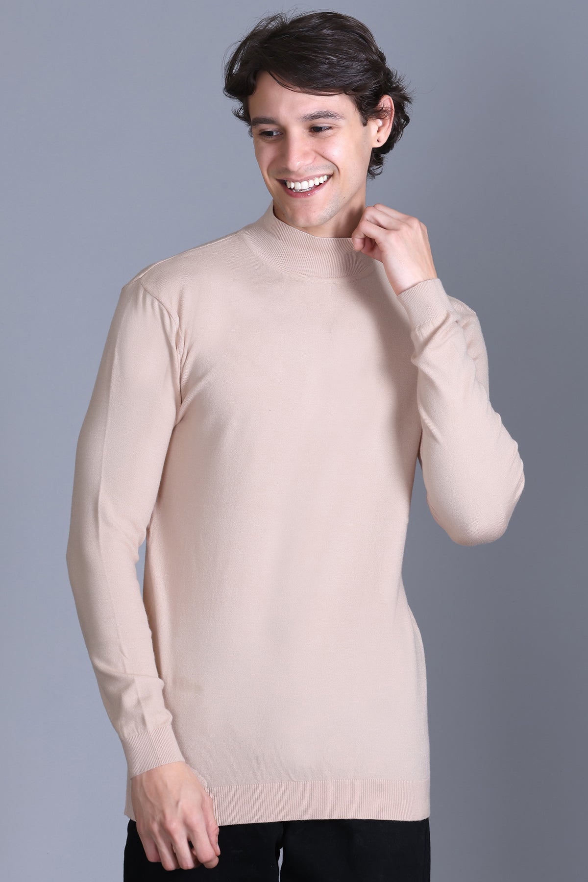Men’s Self Design High Neck Beige Sweater