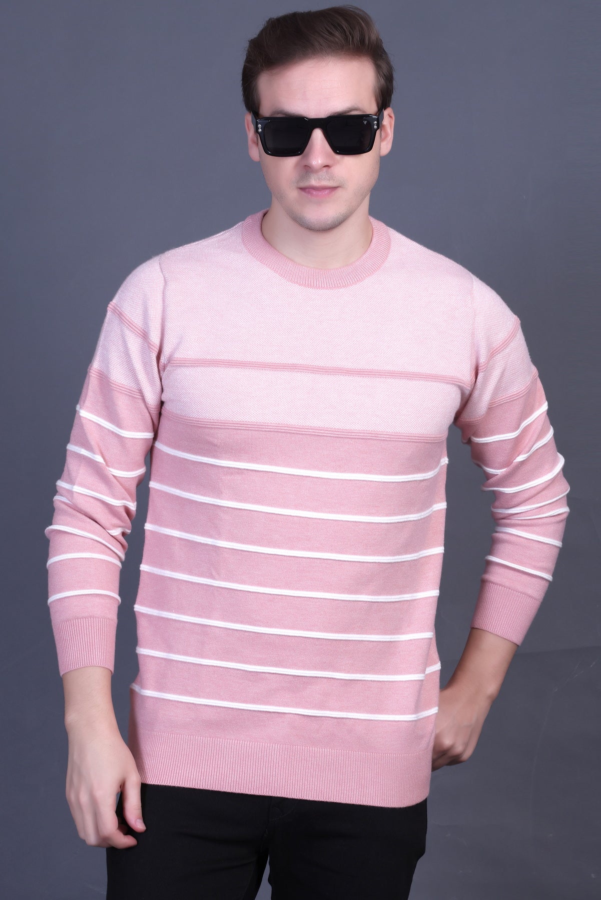 Men Striped Round Neck Pink Sweater