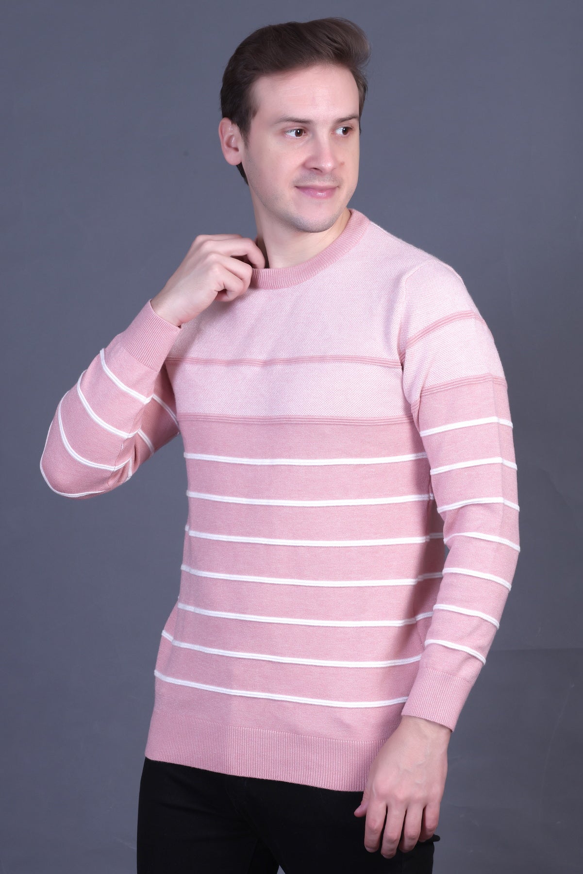 Men Striped Round Neck Pink Sweater