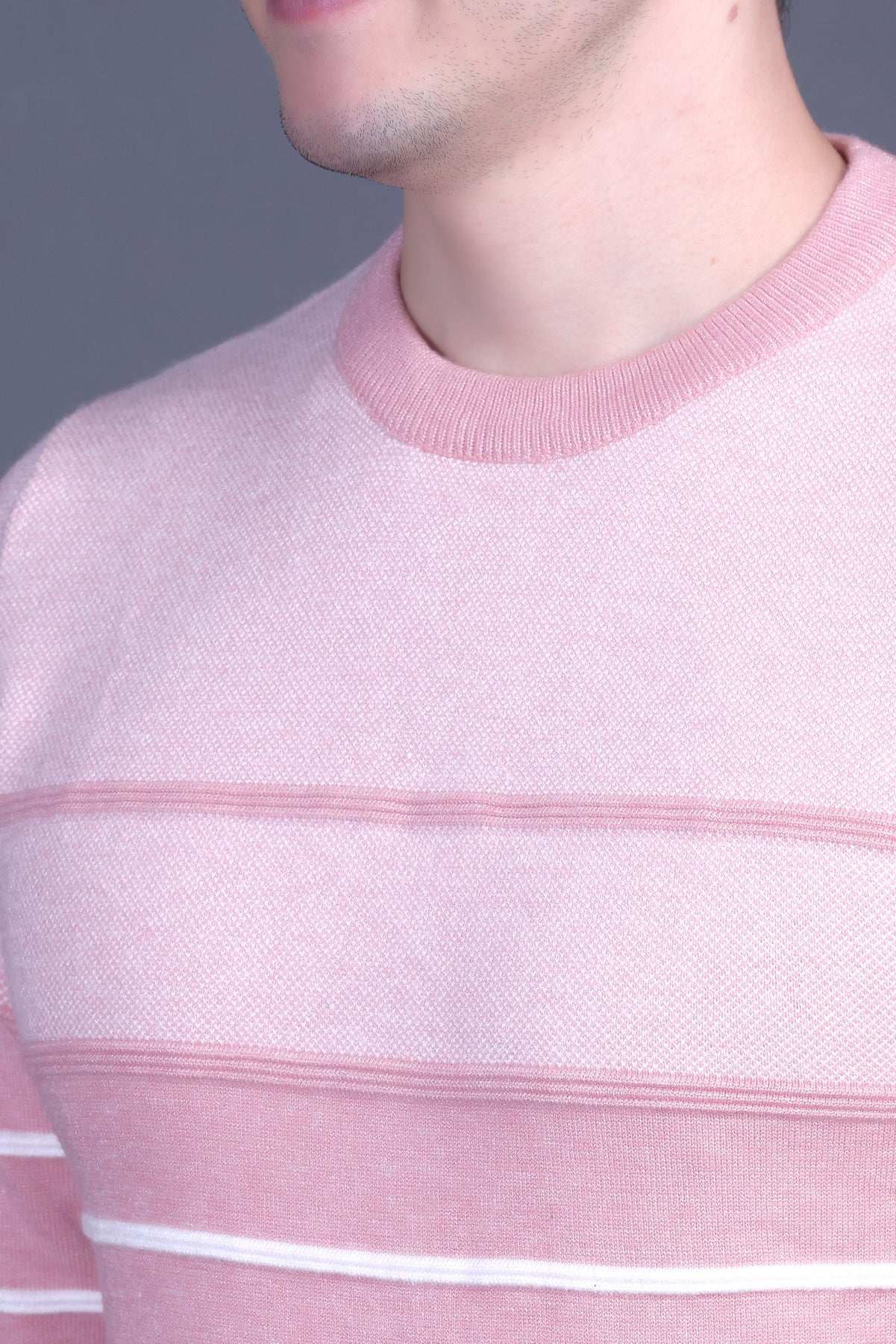 Men Striped Round Neck Pink Sweater