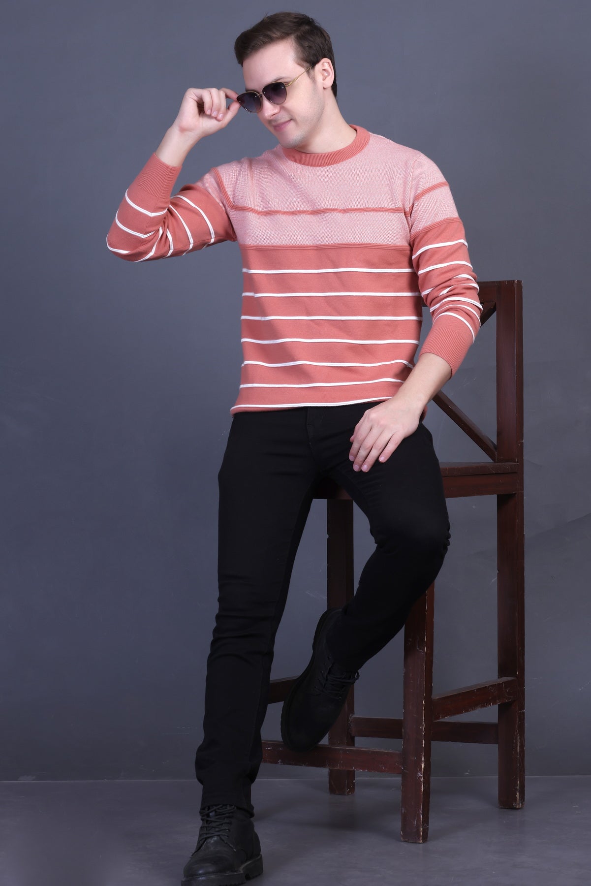 Men Striped Round Neck Pink Sweater