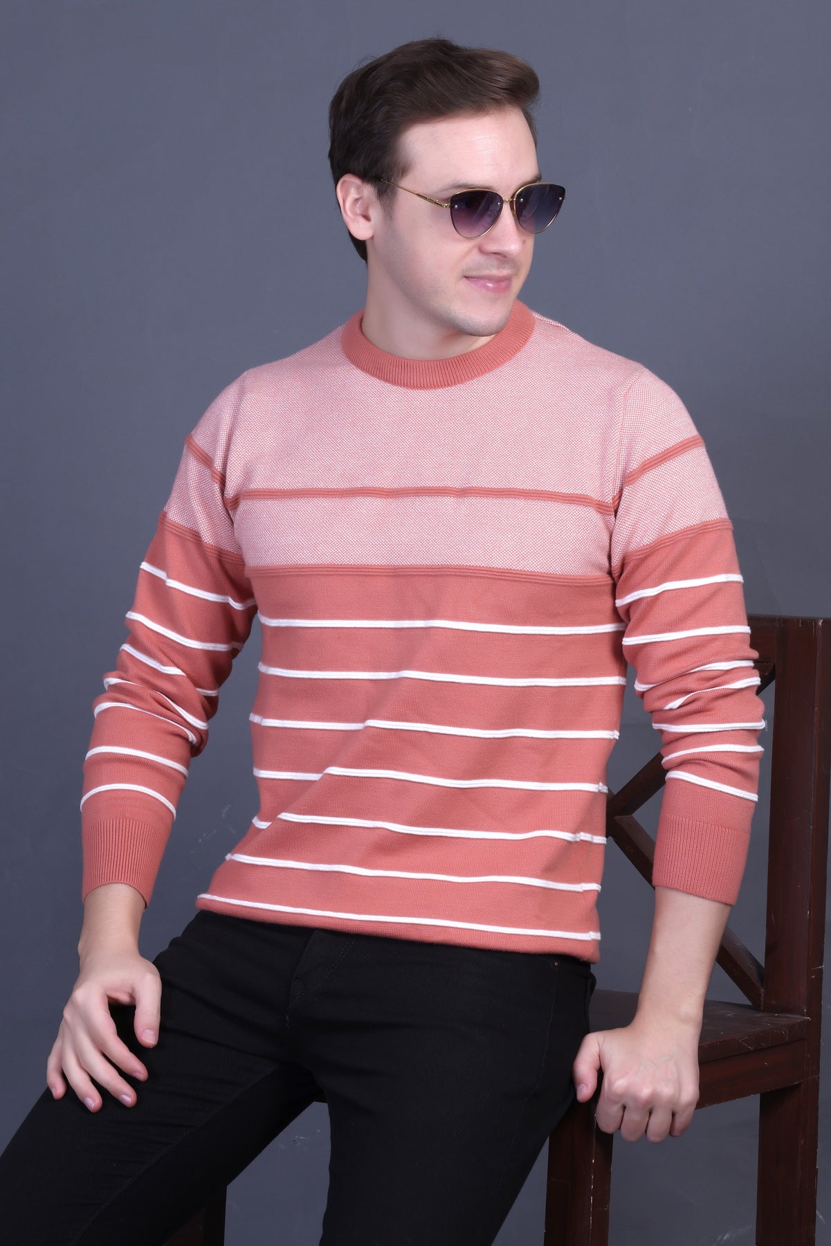 Men Striped Round Neck Pink Sweater