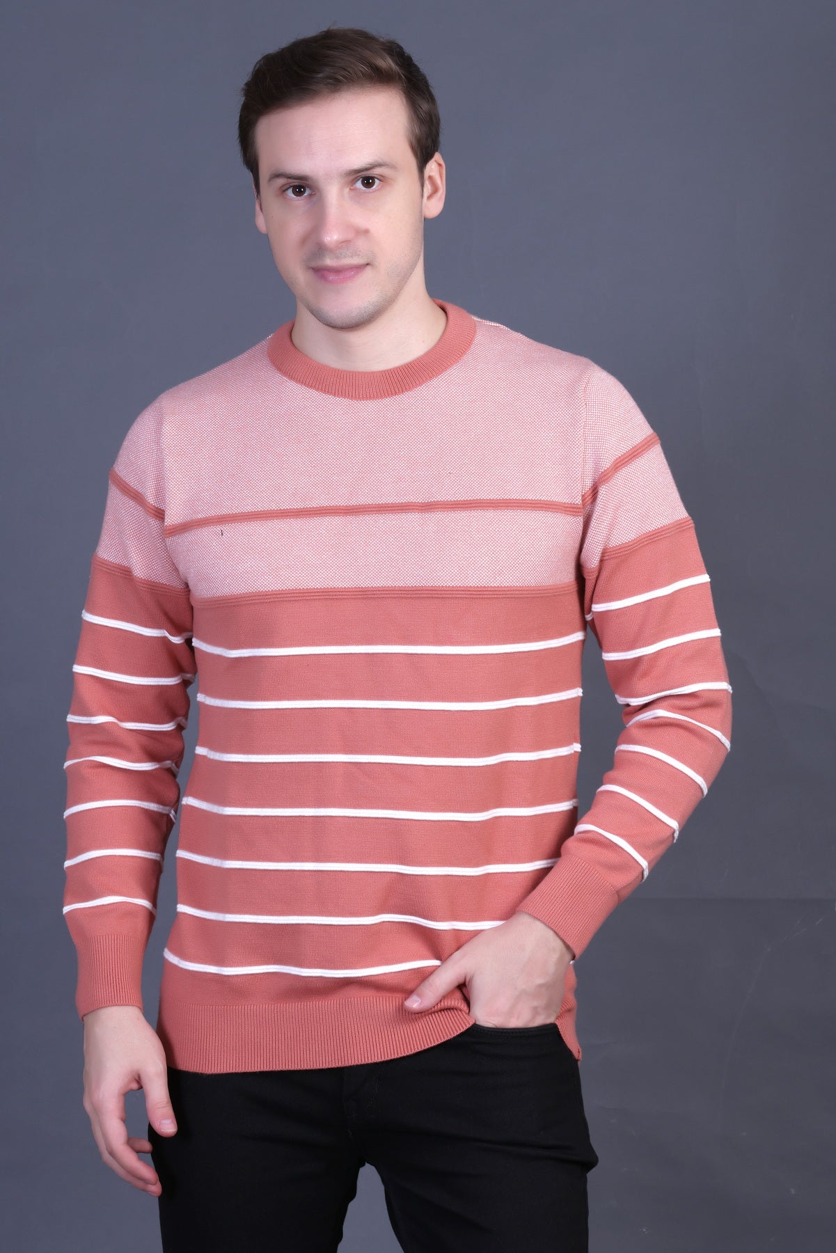 Men Striped Round Neck Pink Sweater