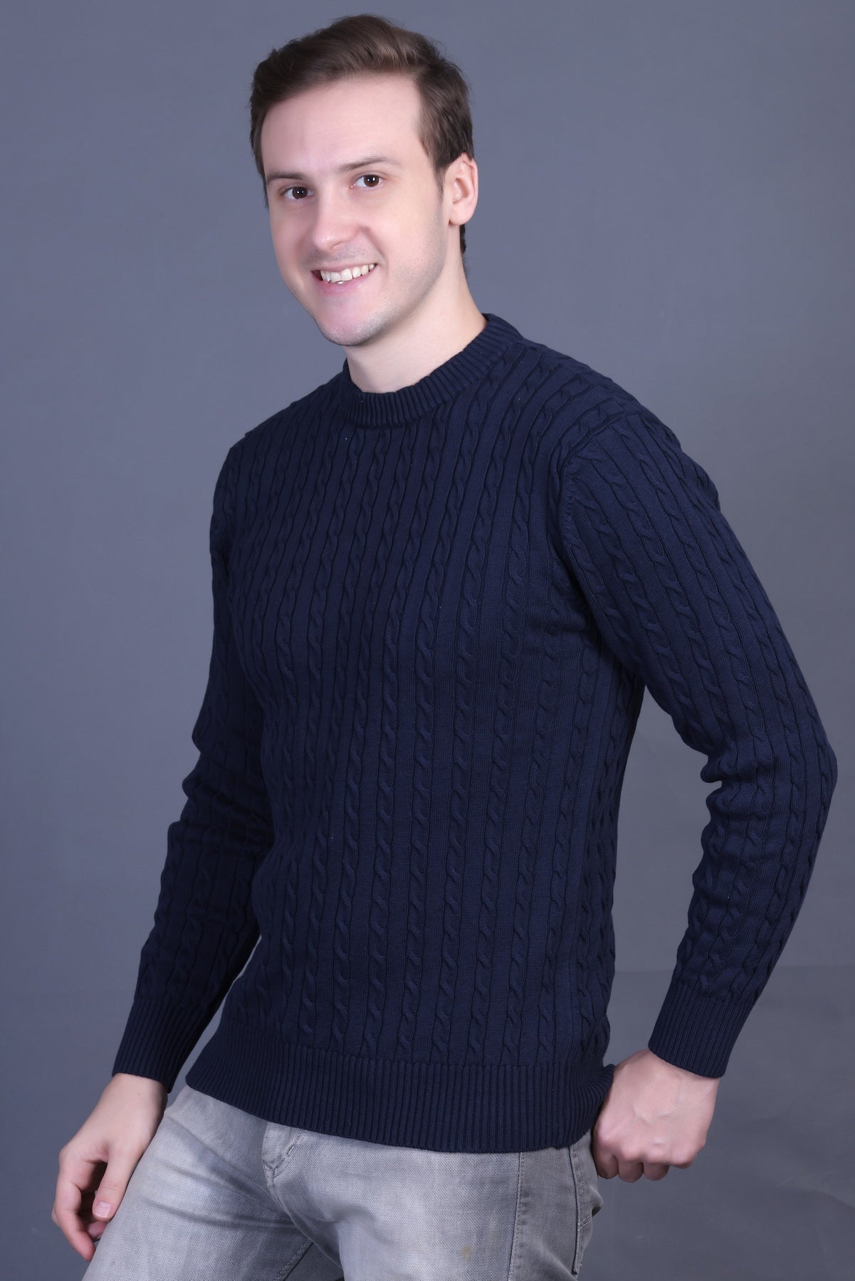 Men Solid Round Neck Navy Sweater