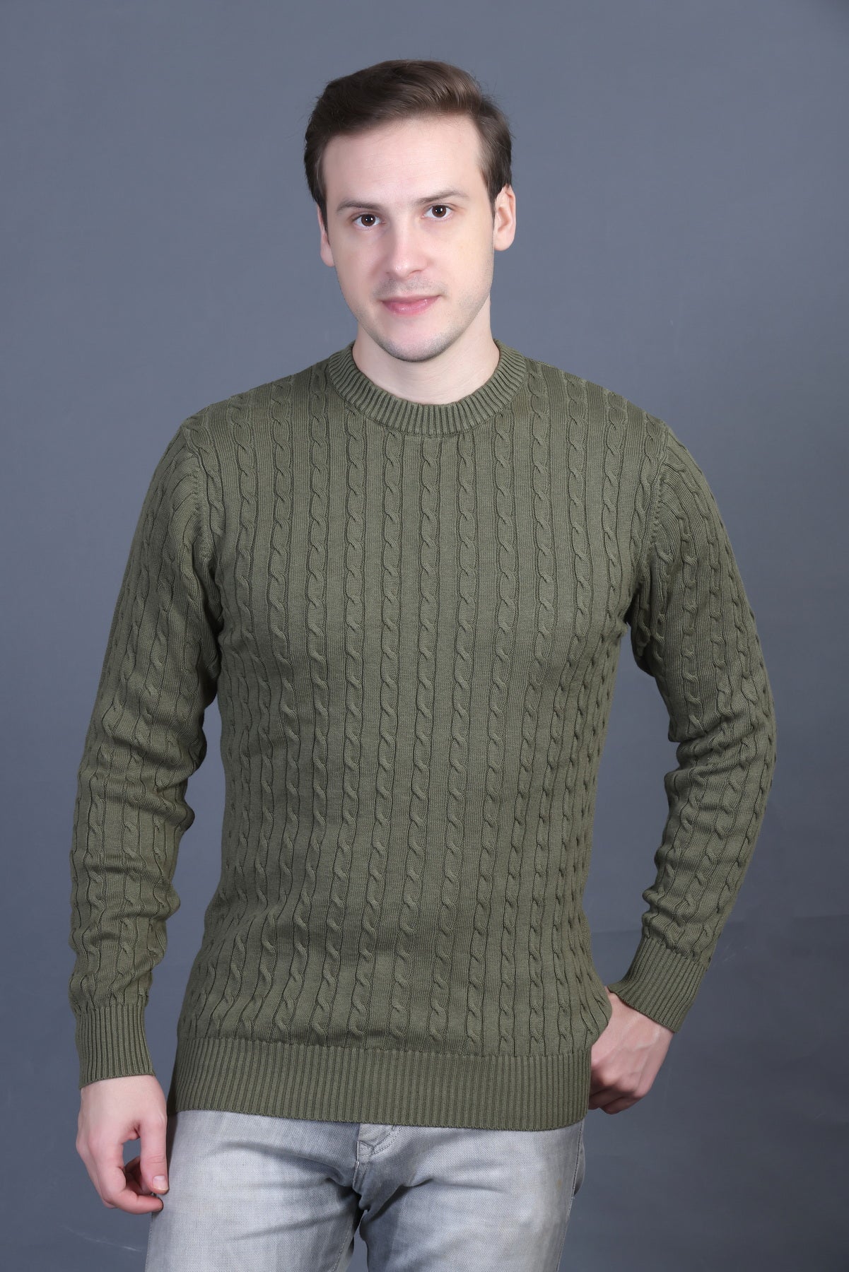 Men Solid Round Neck Olive Sweater