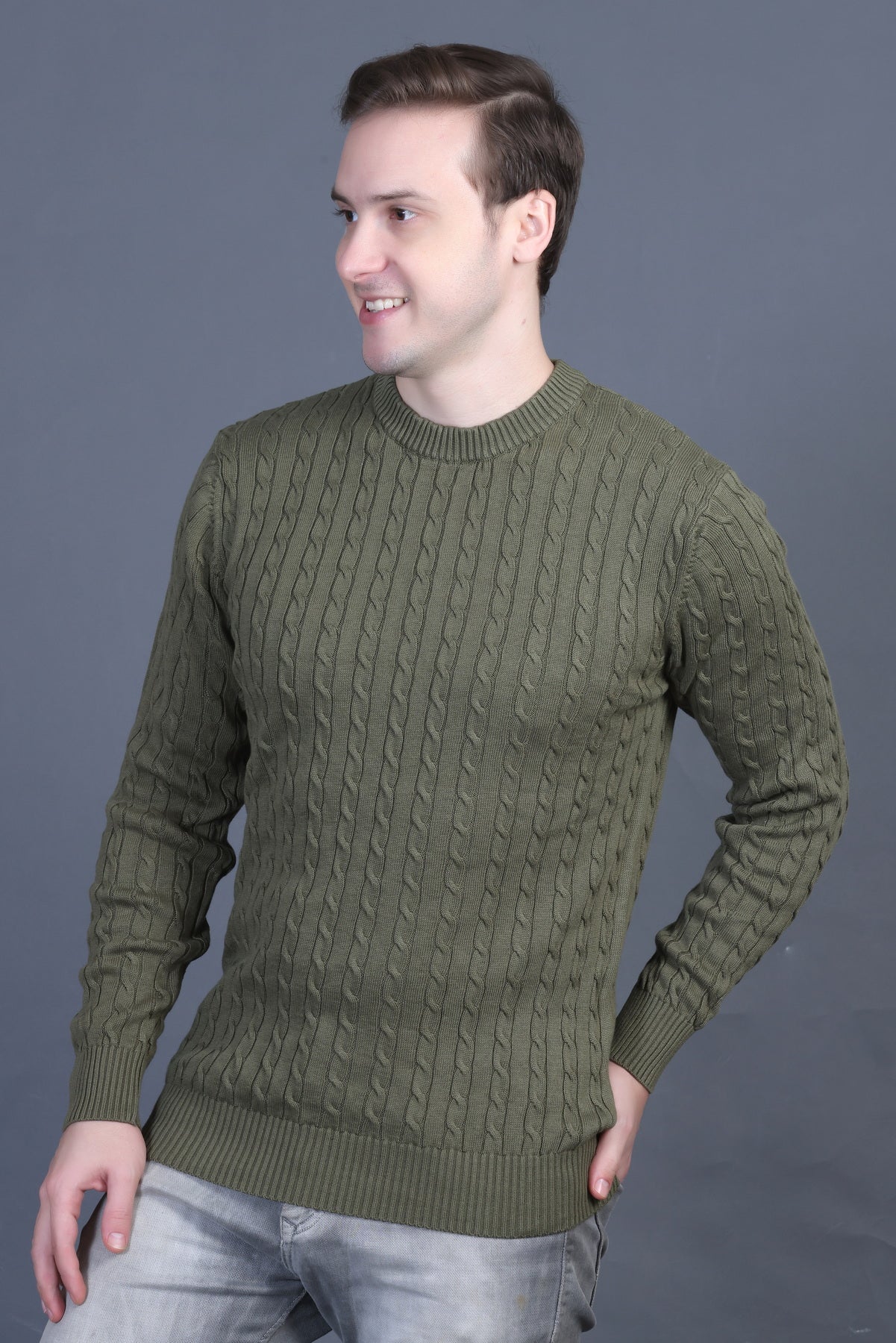 Men Solid Round Neck Olive Sweater