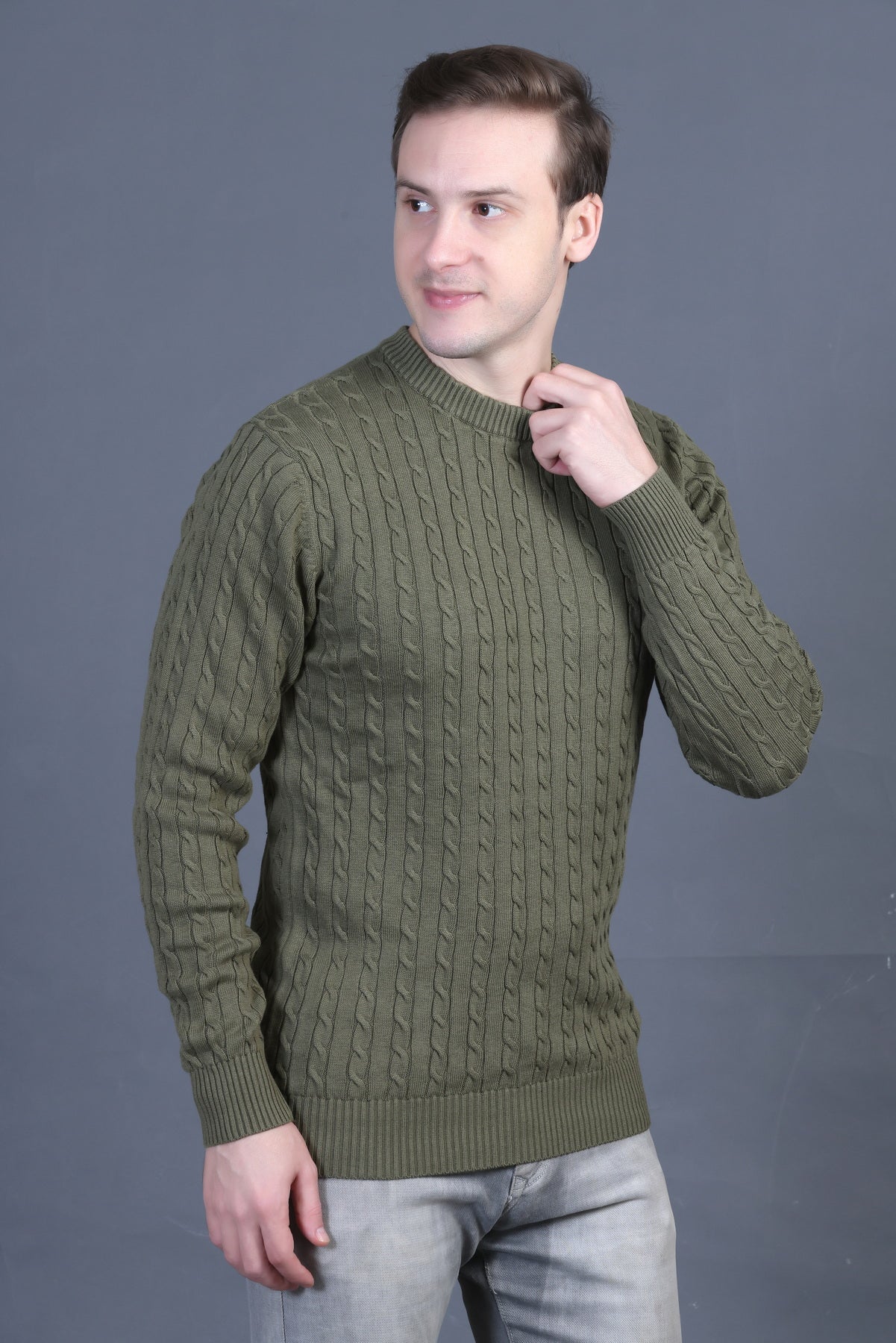 Men Solid Round Neck Olive Sweater