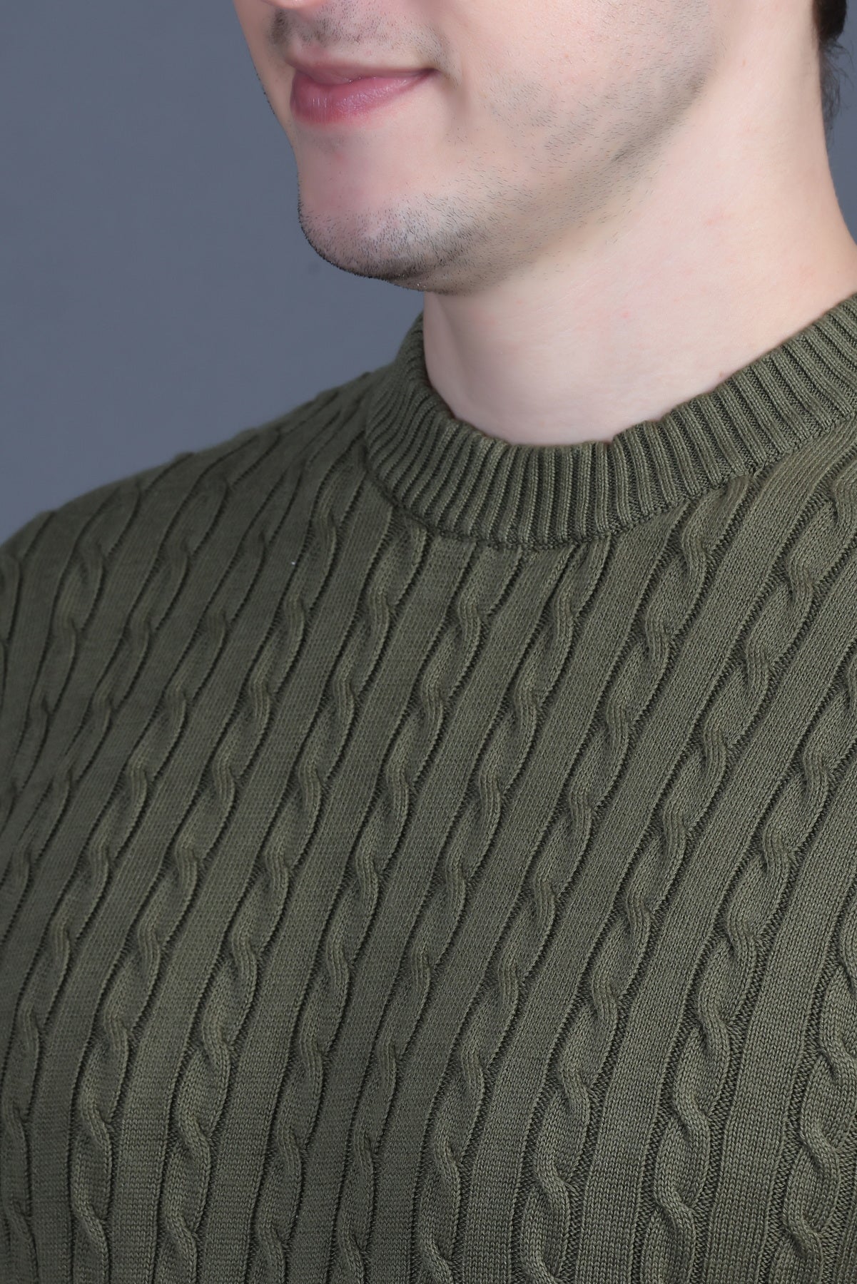 Men Solid Round Neck Olive Sweater