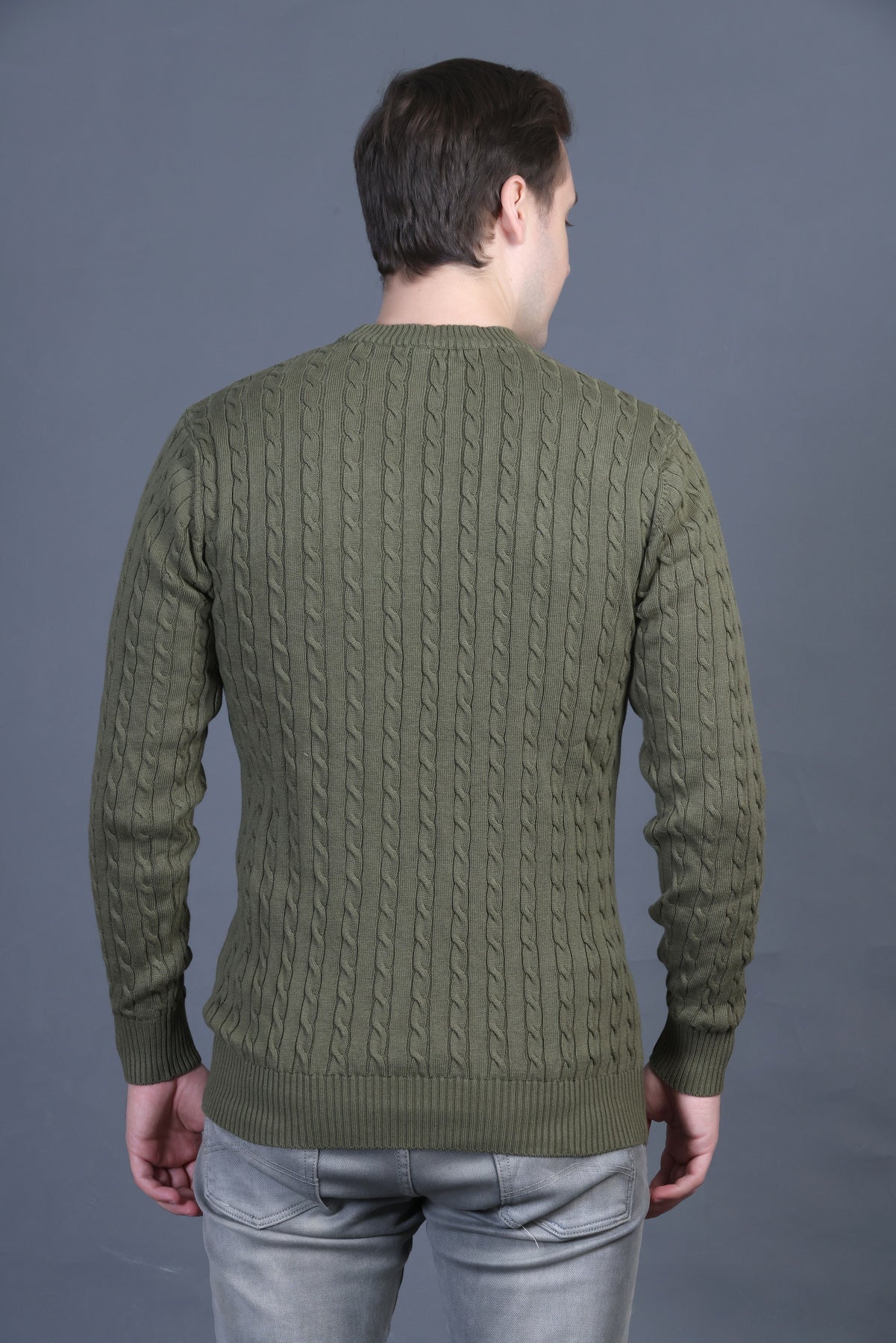 Men Solid Round Neck Olive Sweater