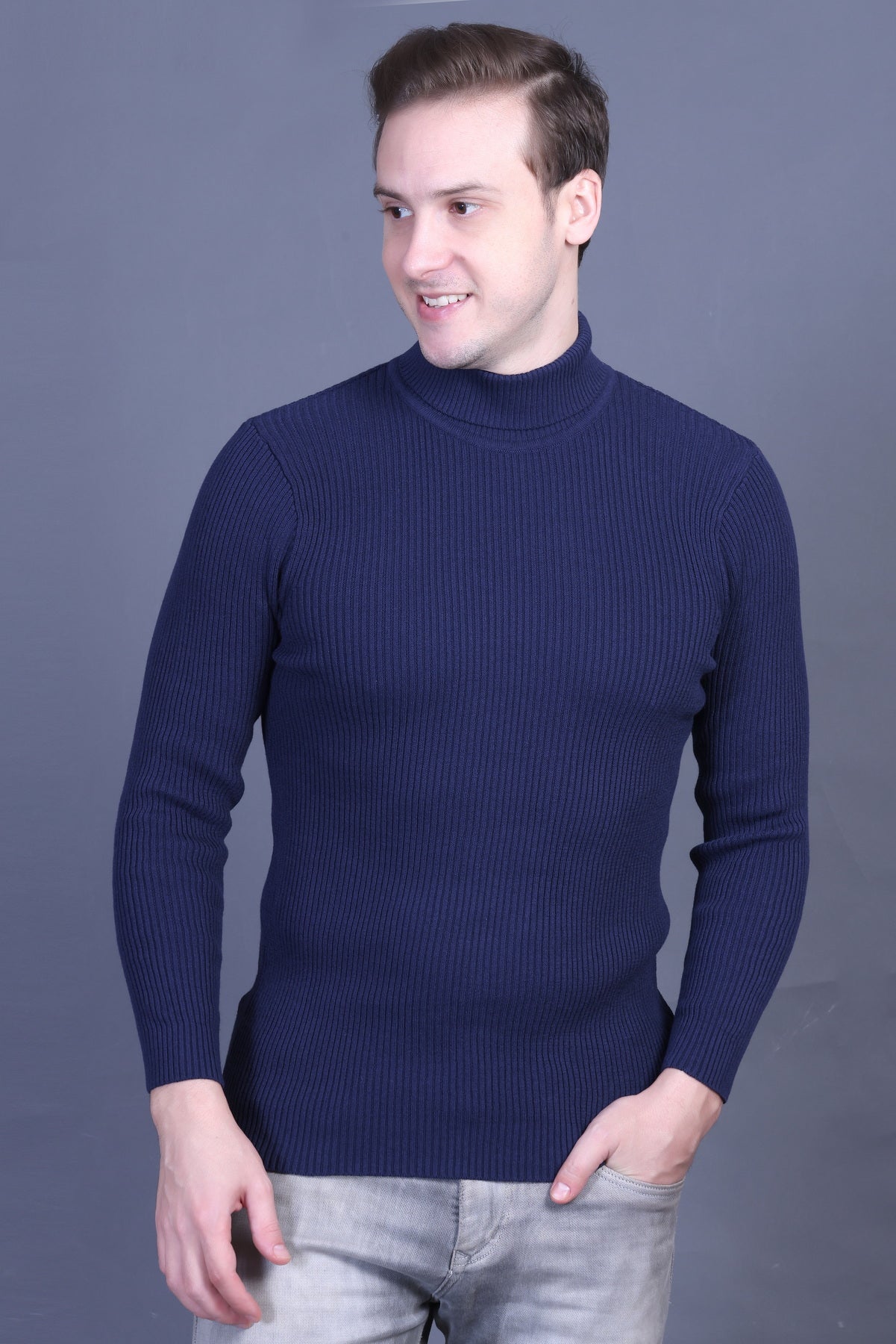Men Solid Round Neck Navy Sweater