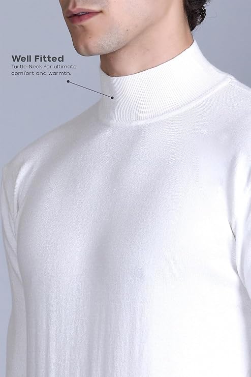 Men Self Design High Neck White Sweater