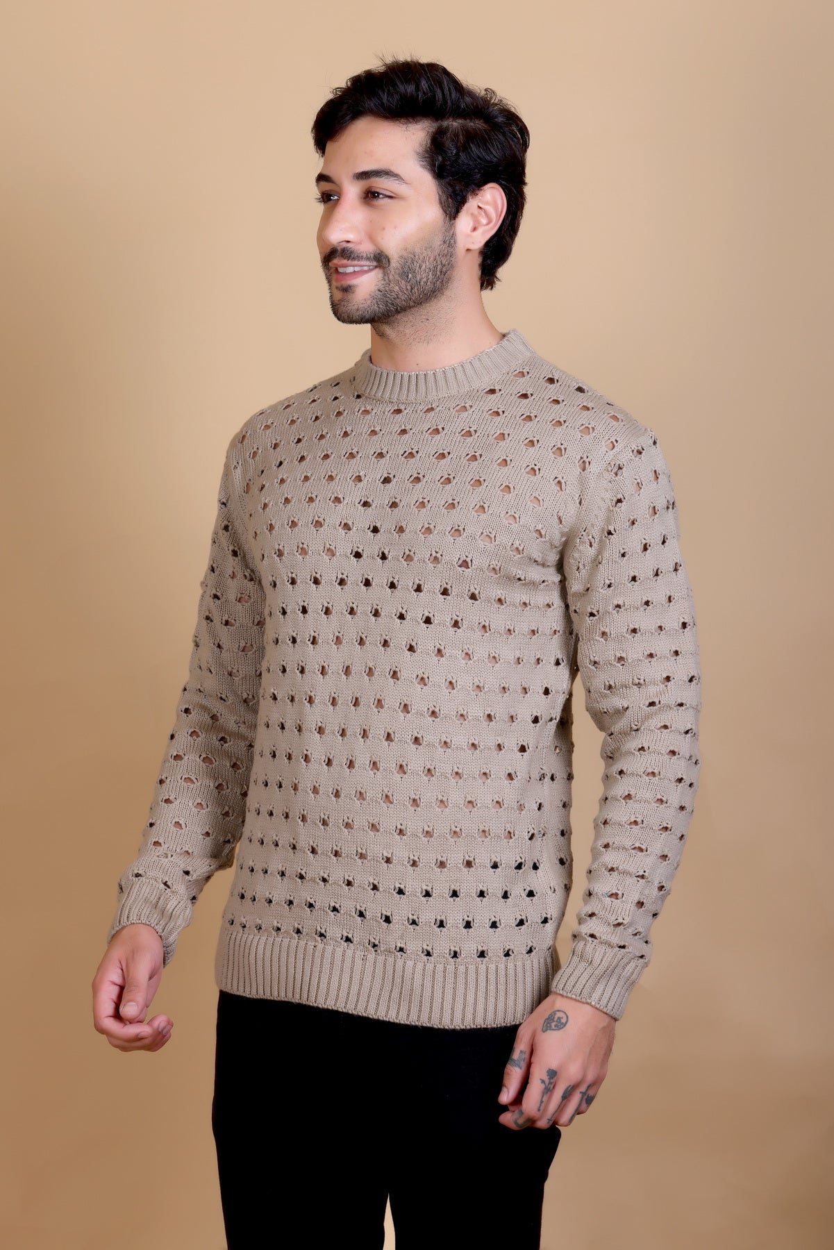 Men Round Neck Camel Sweater