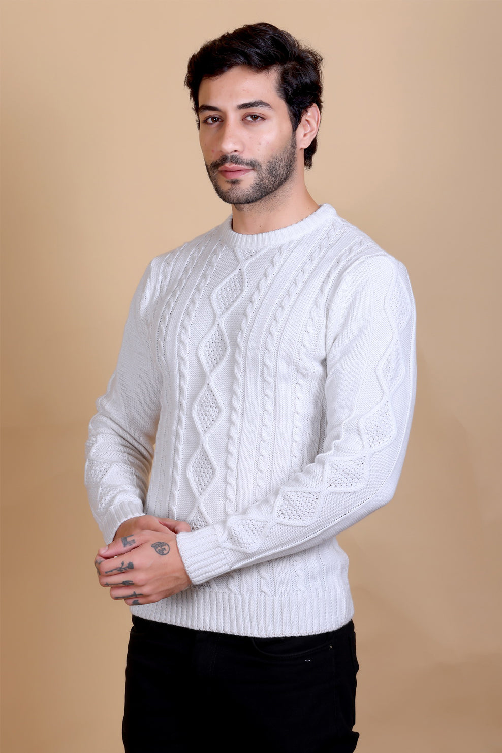 Men's Sweaters Winter wear Branded Round Neck Full Sleeve Woolen Knitted Pullover White