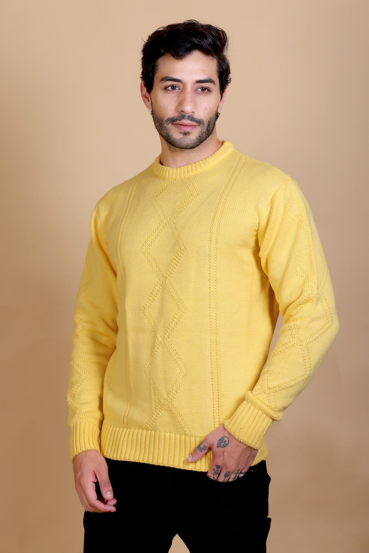 Men Round Neck Yellow Sweater