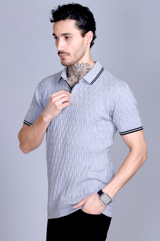 Cabe Knit Polo T-Shirt Men Light Grey