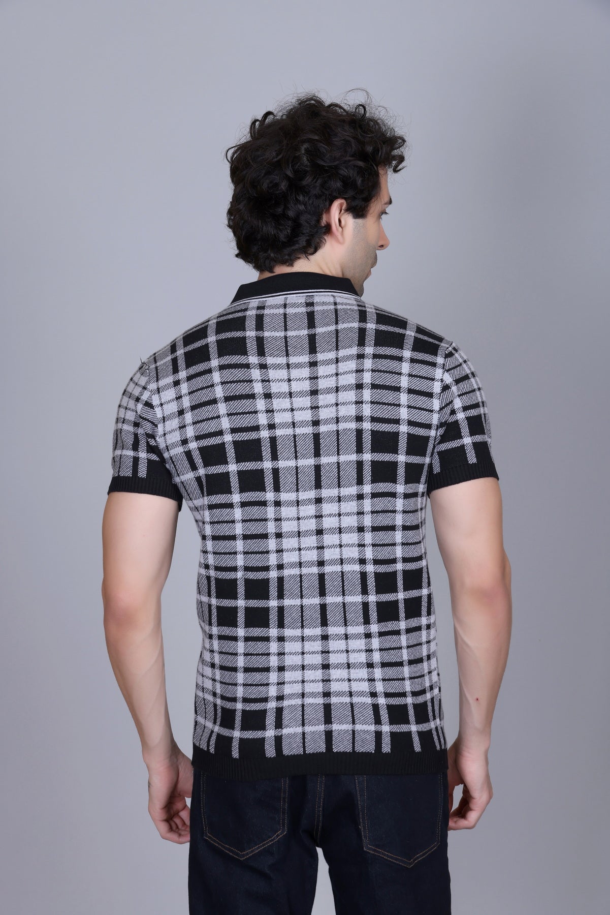 Textured Knit Polo Collar T-Shirt Check Design