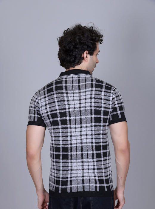 Textured Knit Polo Collar T-Shirt Check Design alt