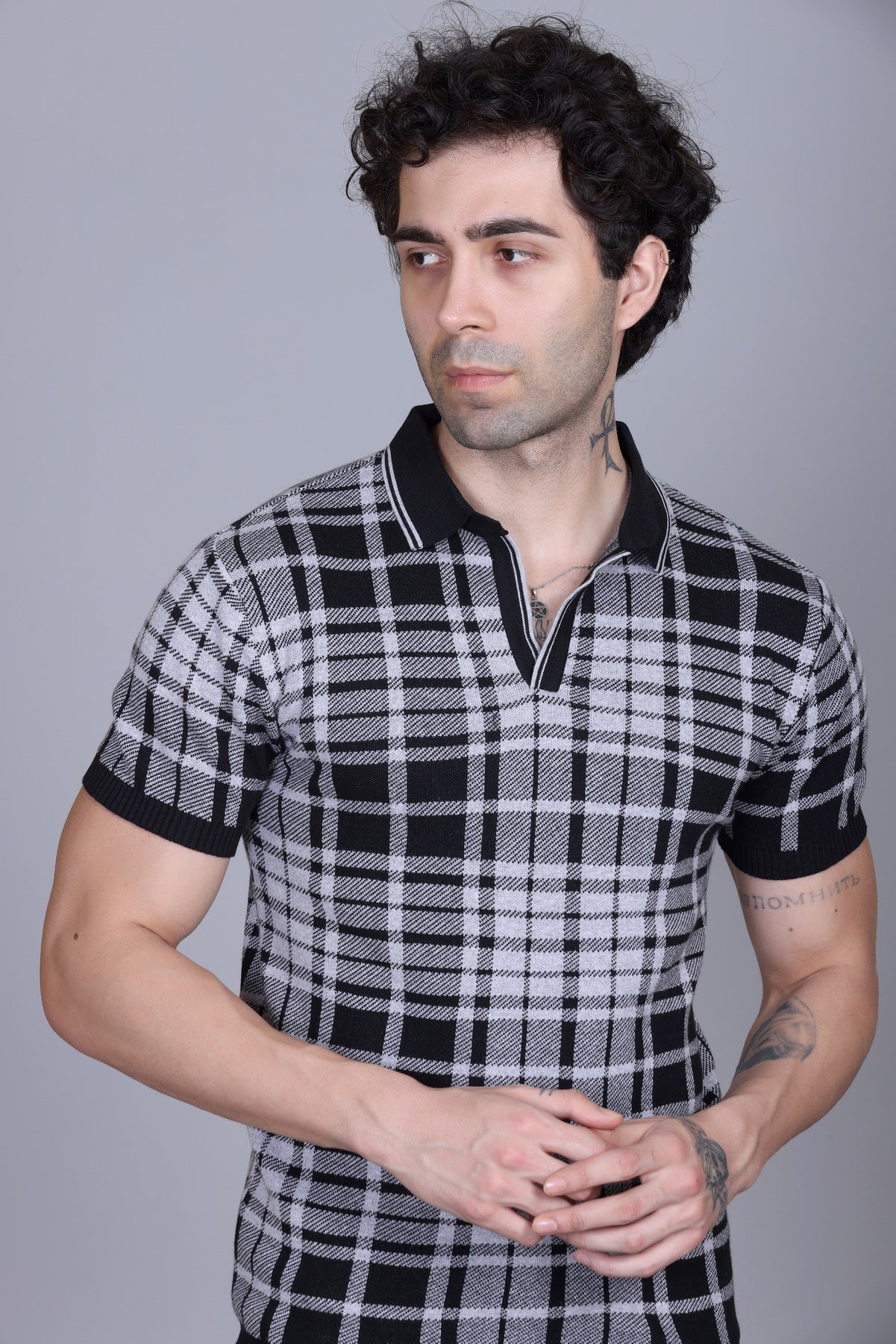 Textured Knit Polo Collar T-Shirt Check Design