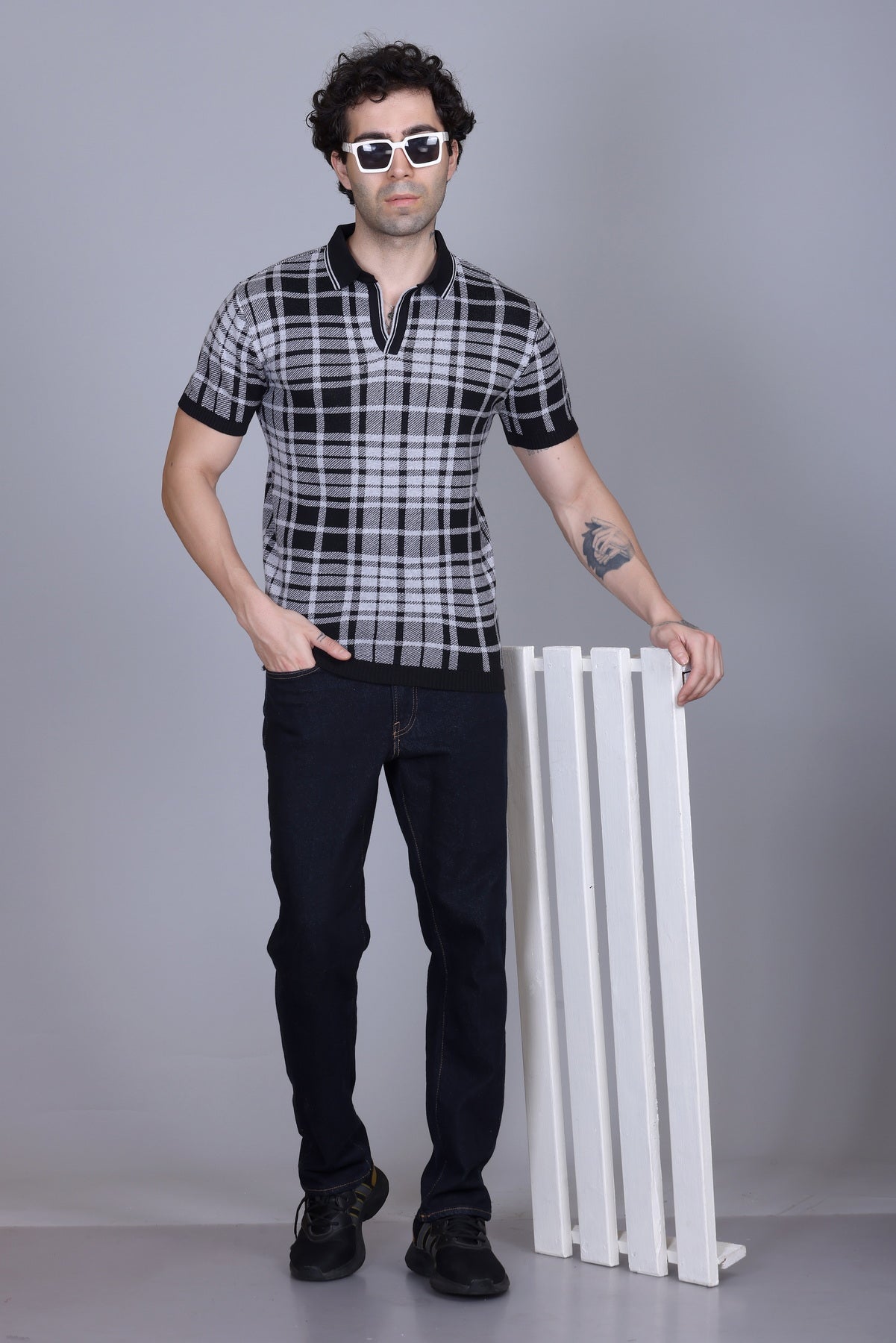 Textured Knit Polo Collar T-Shirt Check Design