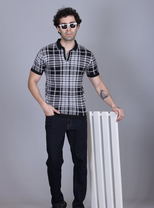 Textured Knit Polo Collar T-Shirt Check Design