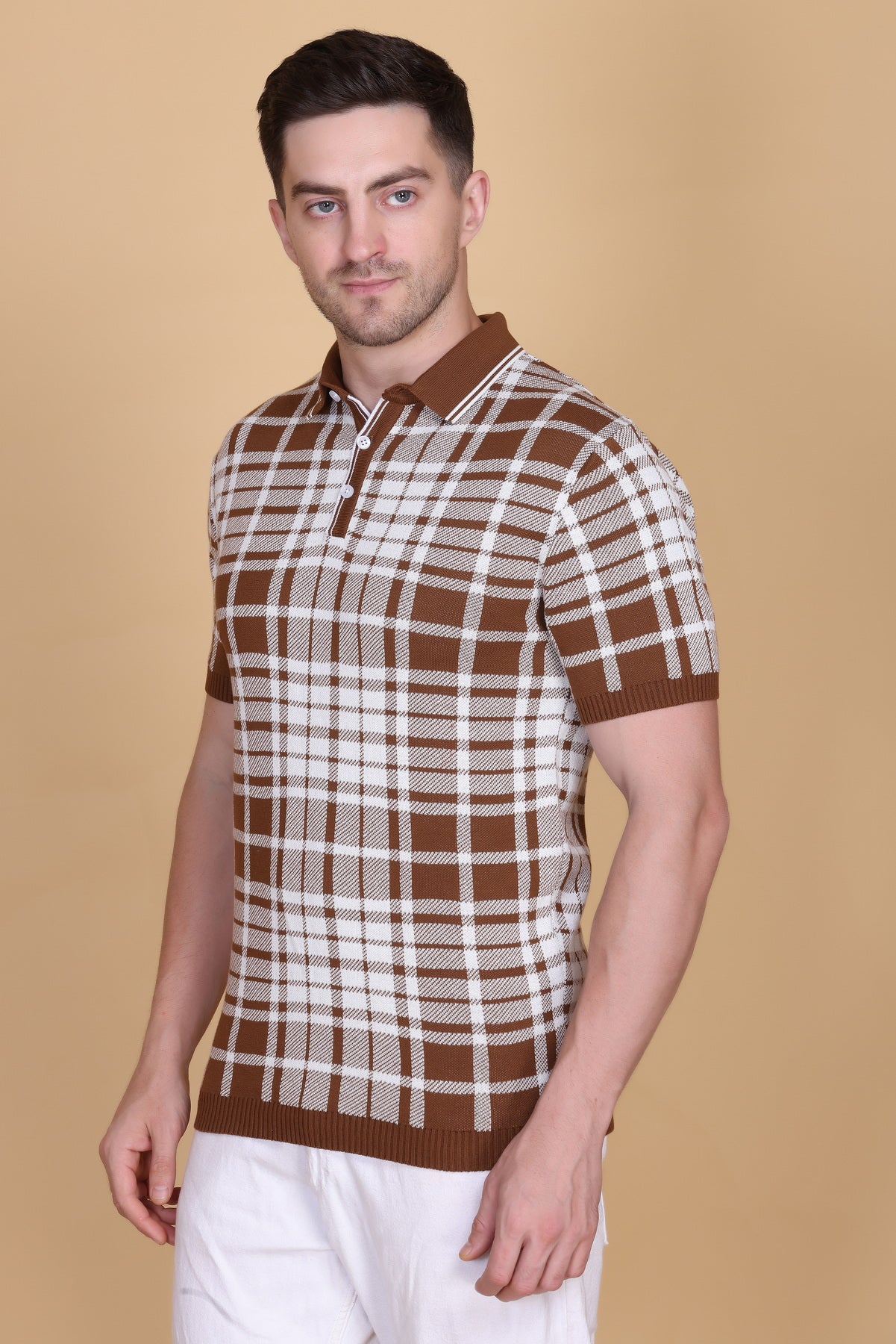 Textured Knit Polo Collar T-Shirt Check Design