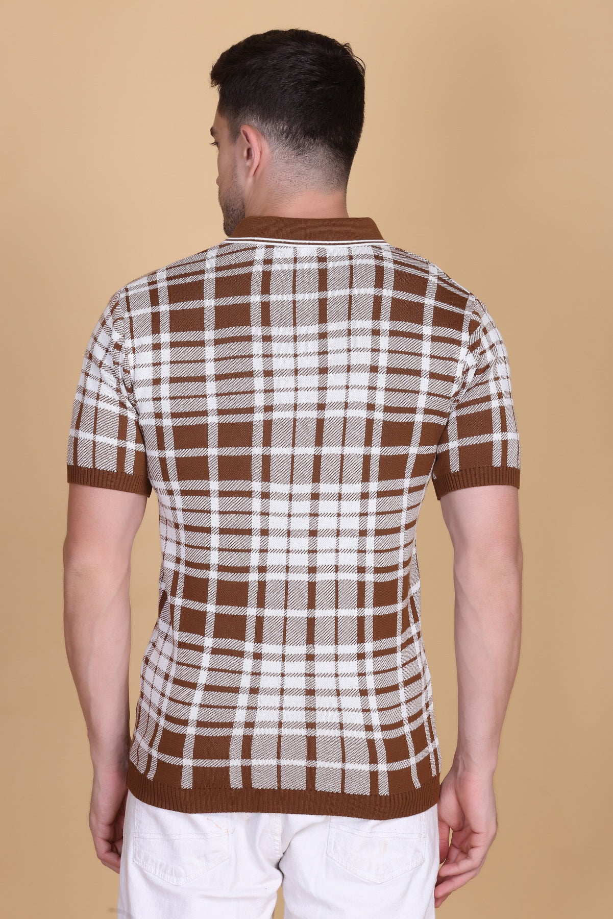 Textured Knit Polo Collar T-Shirt Check Design