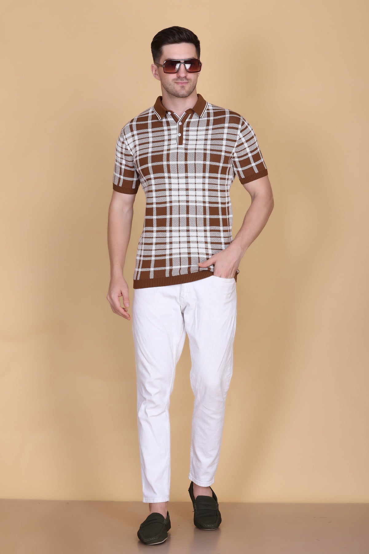 Textured Knit Polo Collar T-Shirt Check Design