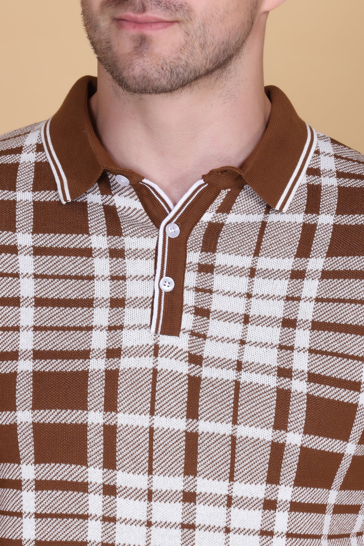 Textured Knit Polo Collar T-Shirt Check Design