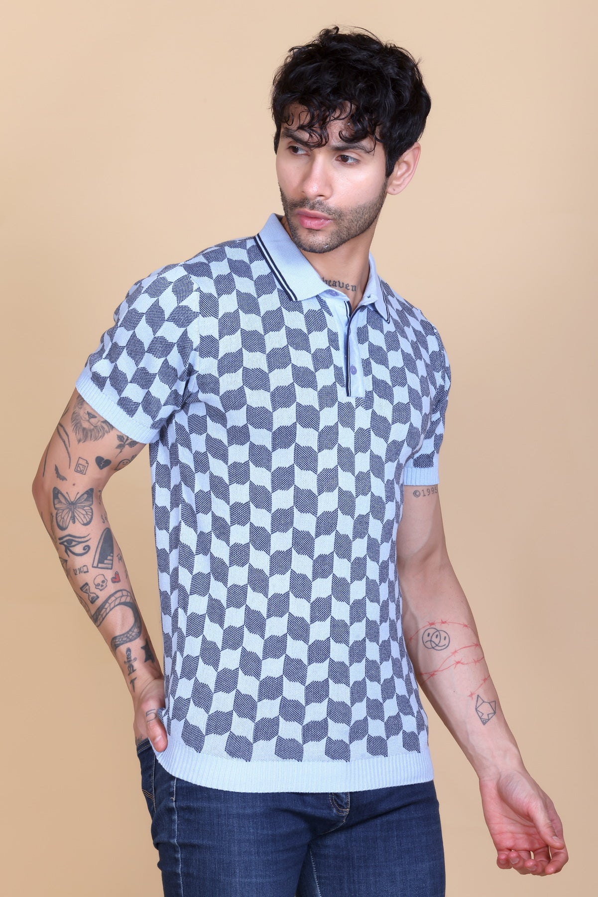 Rib Knit Polo Check Design